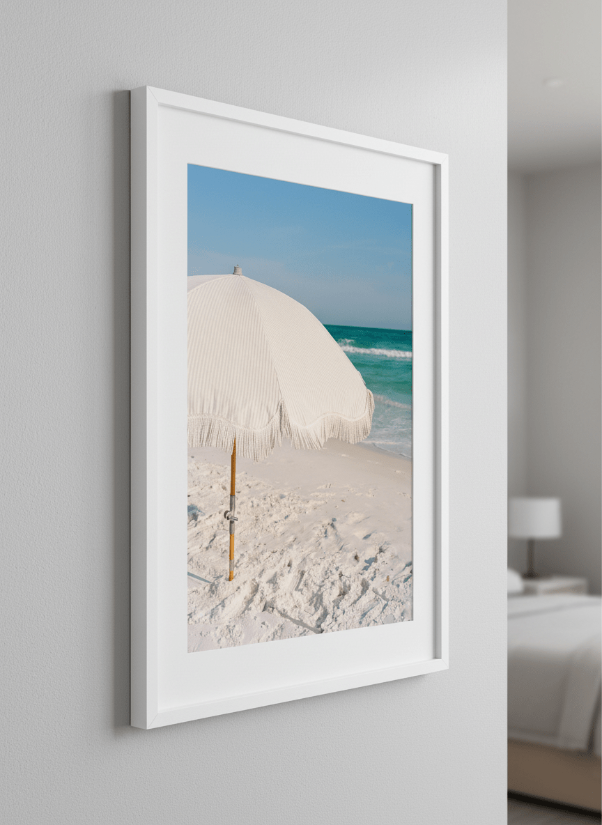 Minimalist artwork displayed in a calm, light-filled bedroom interior