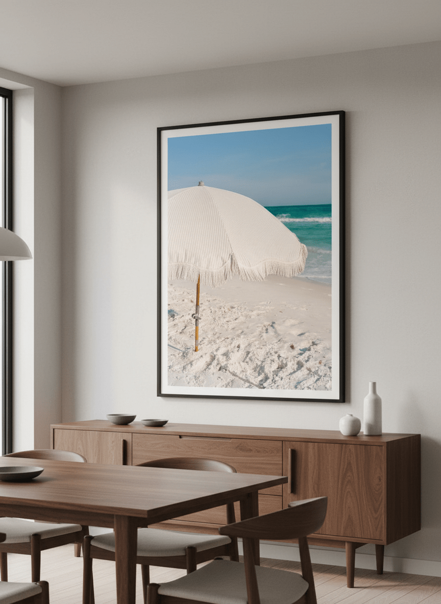 Wall art styled above a dining table in a contemporary home