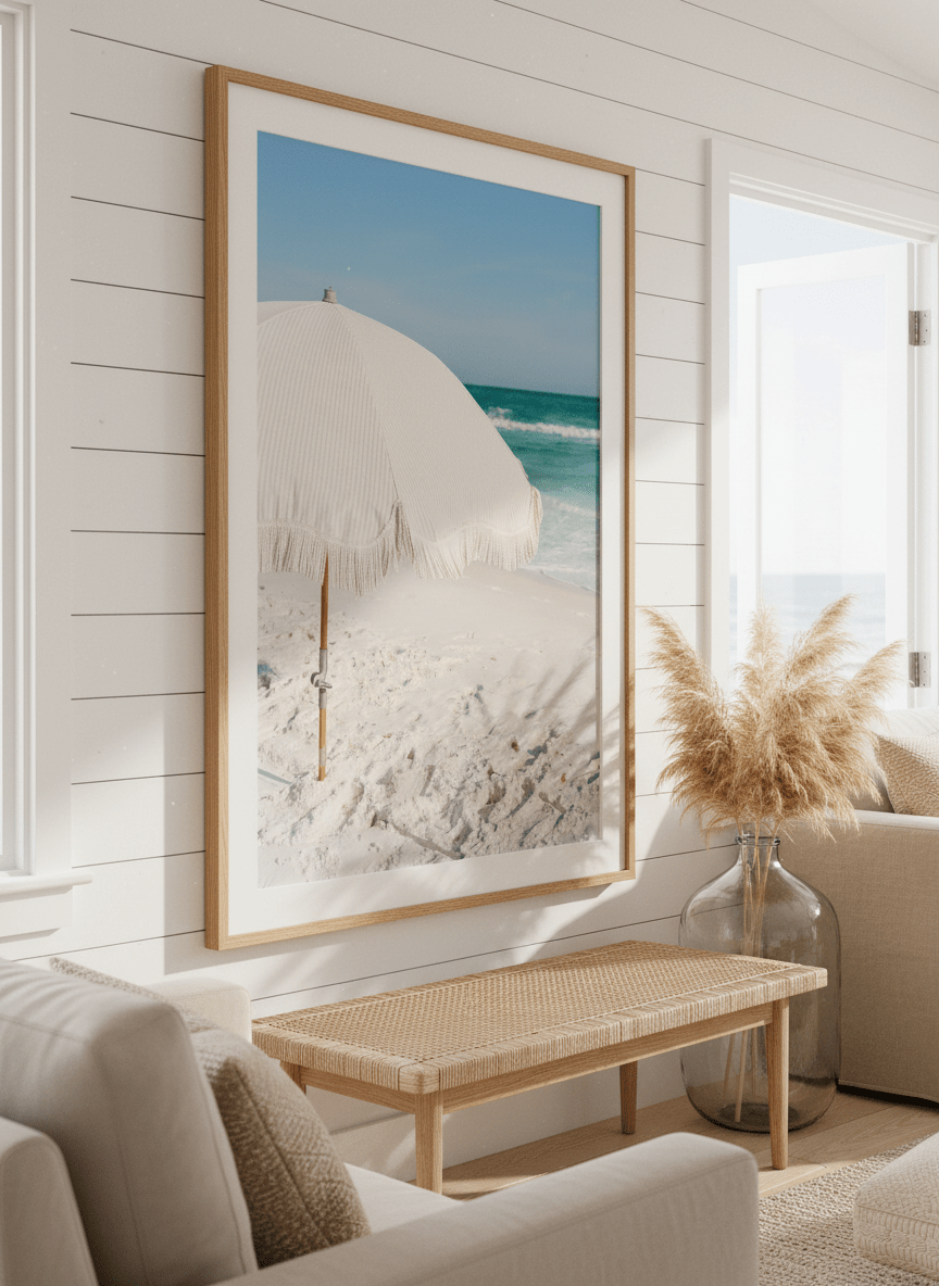 Neutral wall art displayed in a sunny coastal beach house
