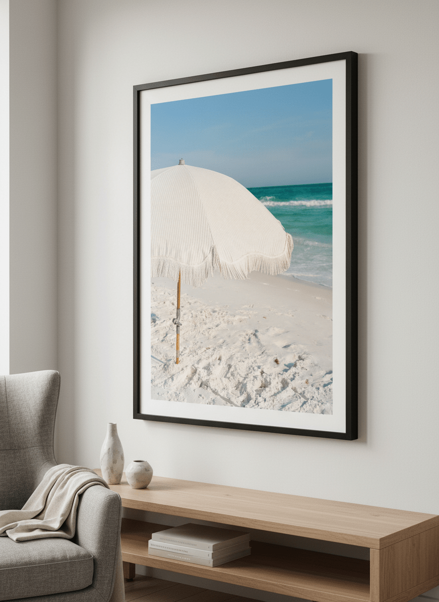 Modern wall art styled above a sofa in a neutral living room
