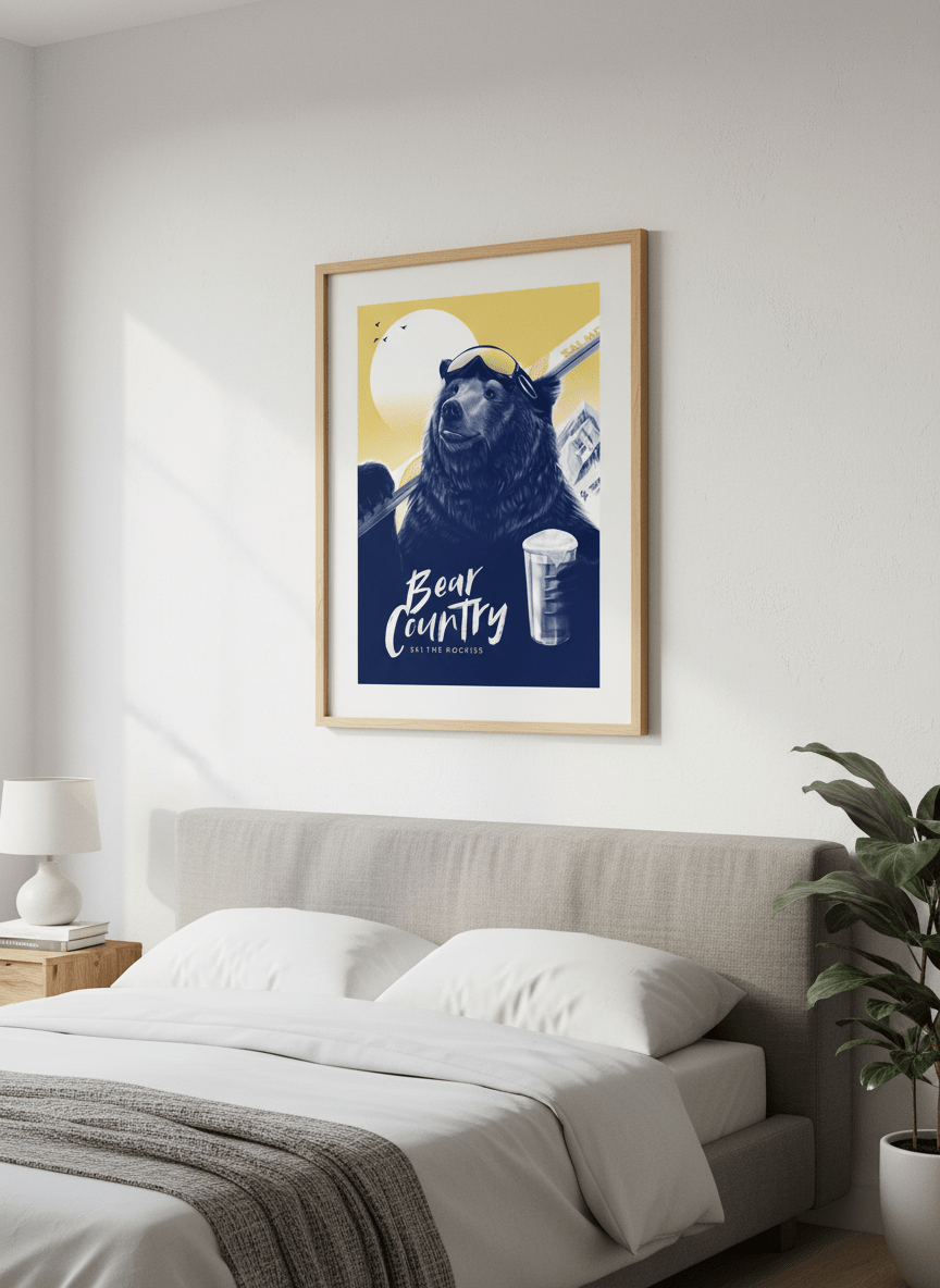 Minimalist artwork displayed in a calm, light-filled bedroom interior