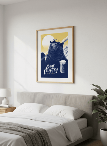 Minimalist artwork displayed in a calm, light-filled bedroom interior