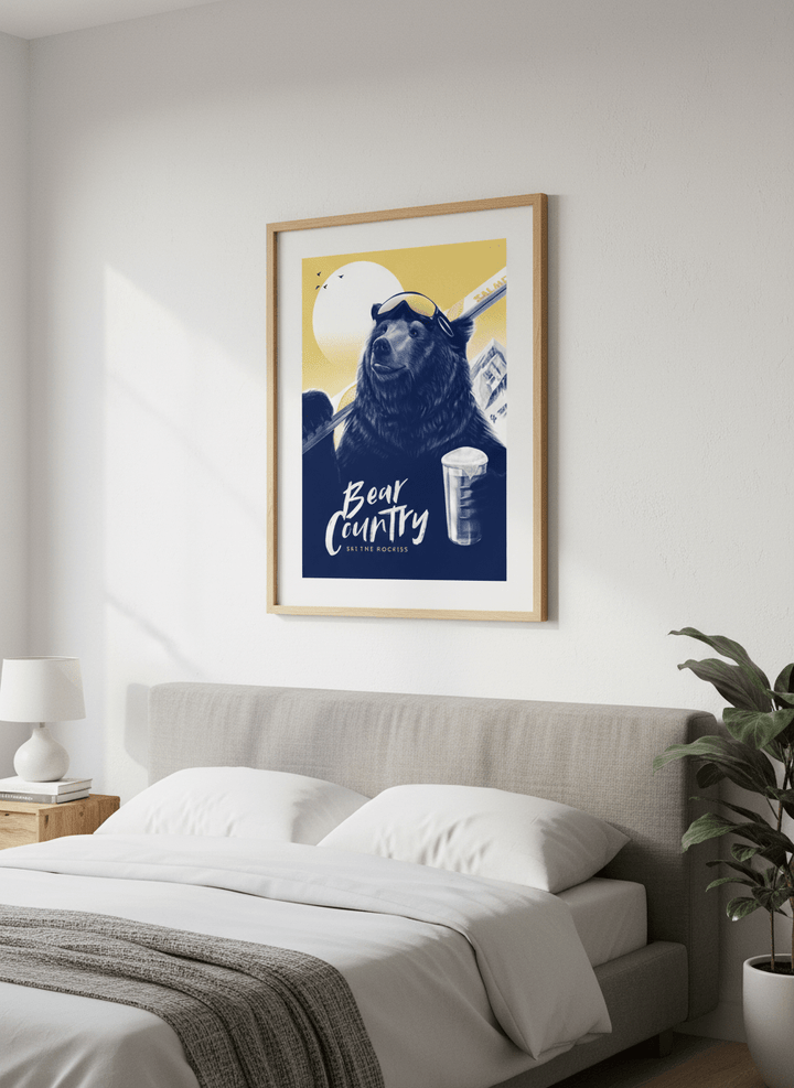 Minimalist artwork displayed in a calm, light-filled bedroom interior