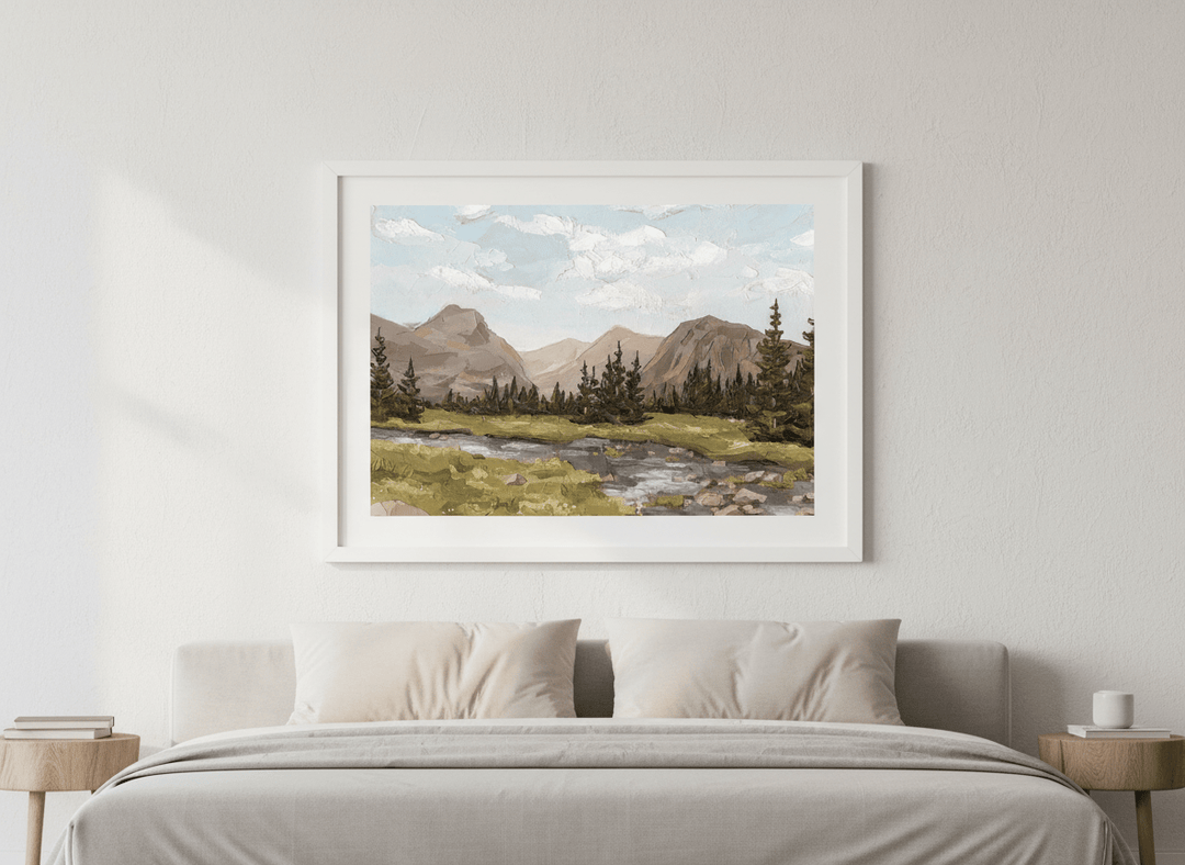 Minimalist artwork displayed in a calm, light-filled bedroom interior