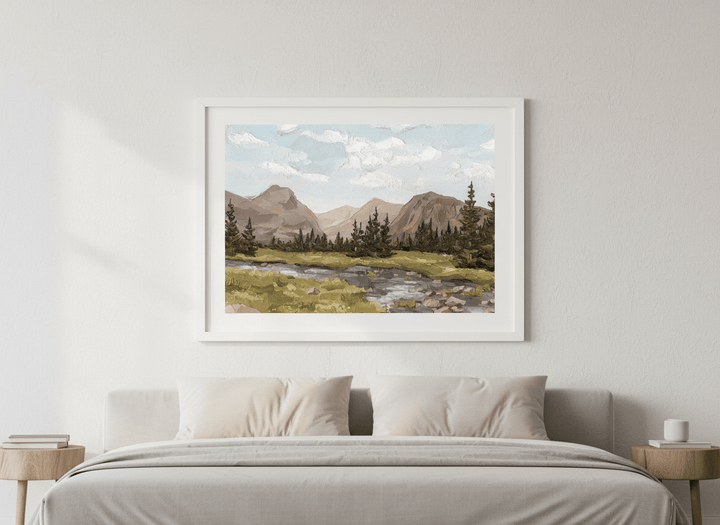 Minimalist artwork displayed in a calm, light-filled bedroom interior