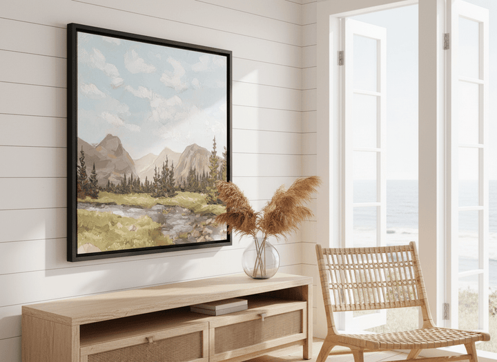 Neutral wall art displayed in a sunny coastal beach house