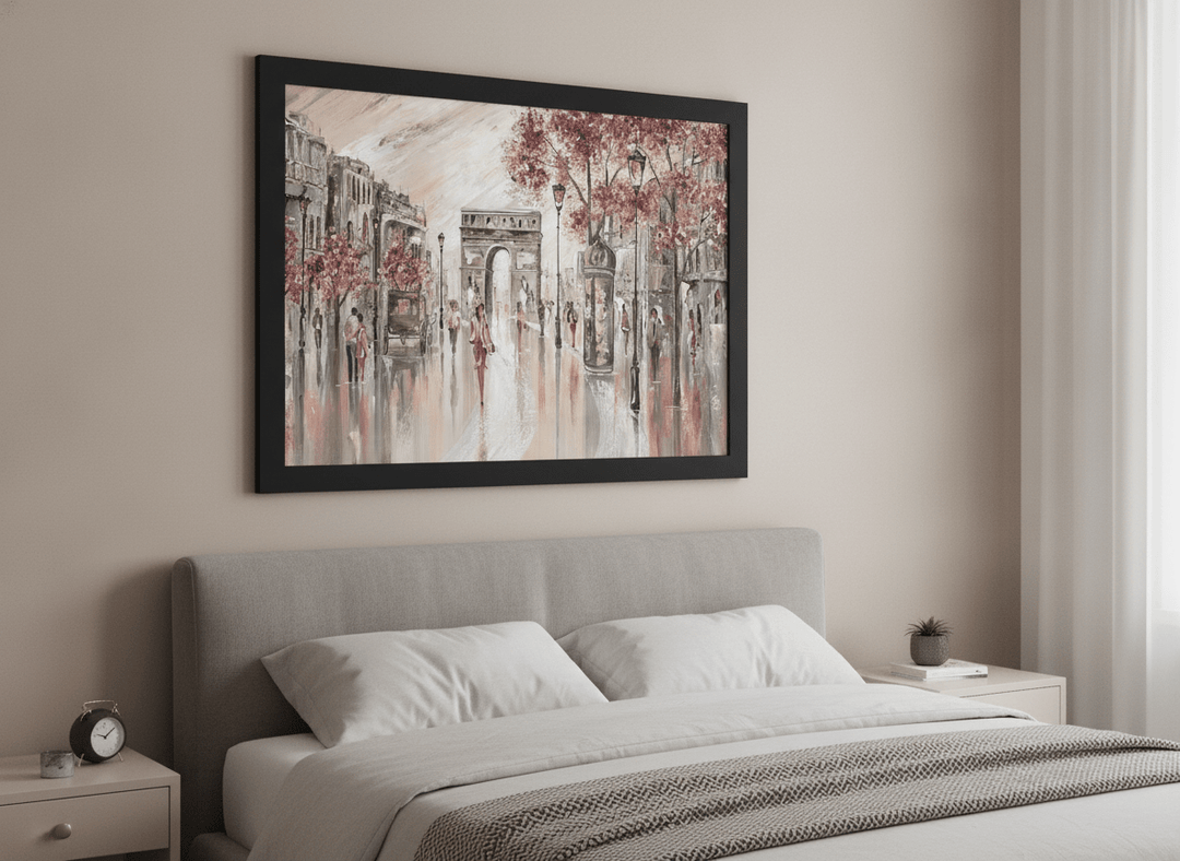 Minimalist artwork displayed in a calm, light-filled bedroom interior