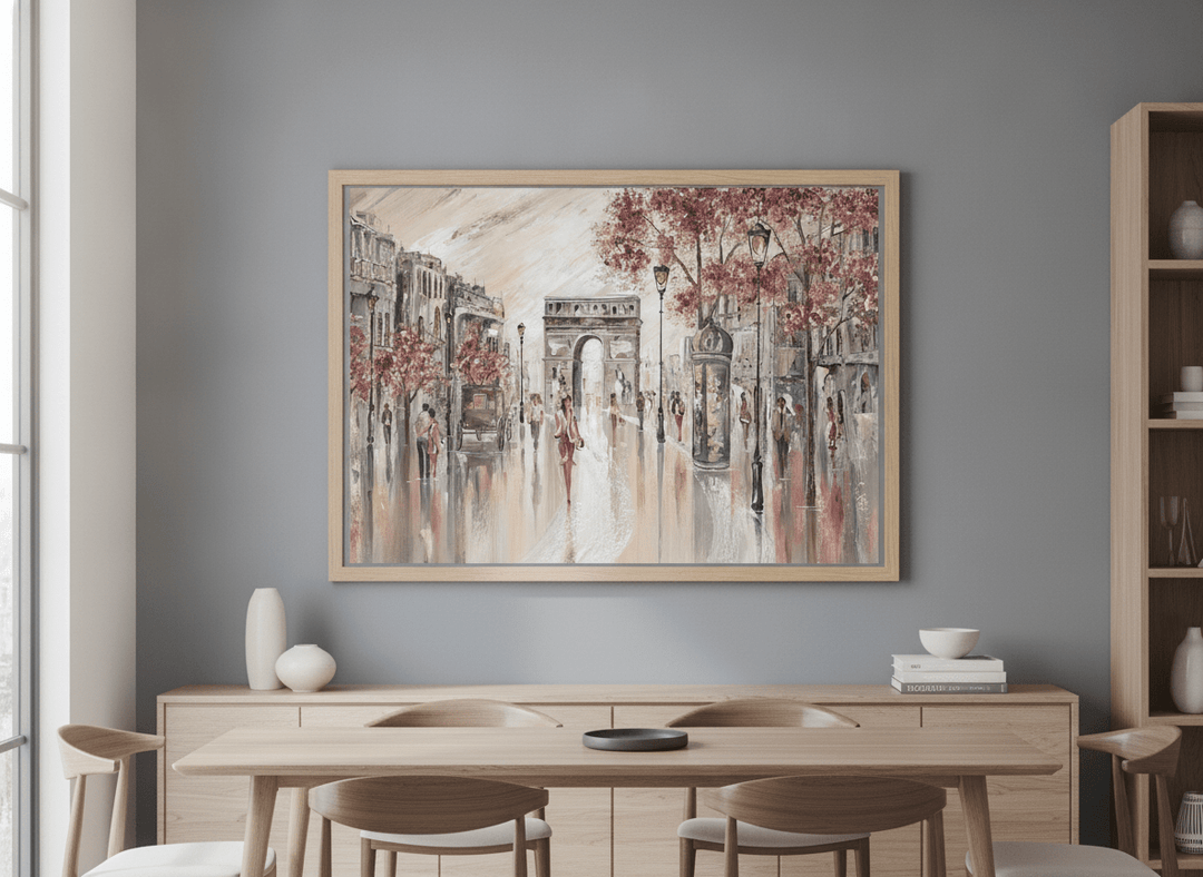 Wall art styled above a dining table in a contemporary home