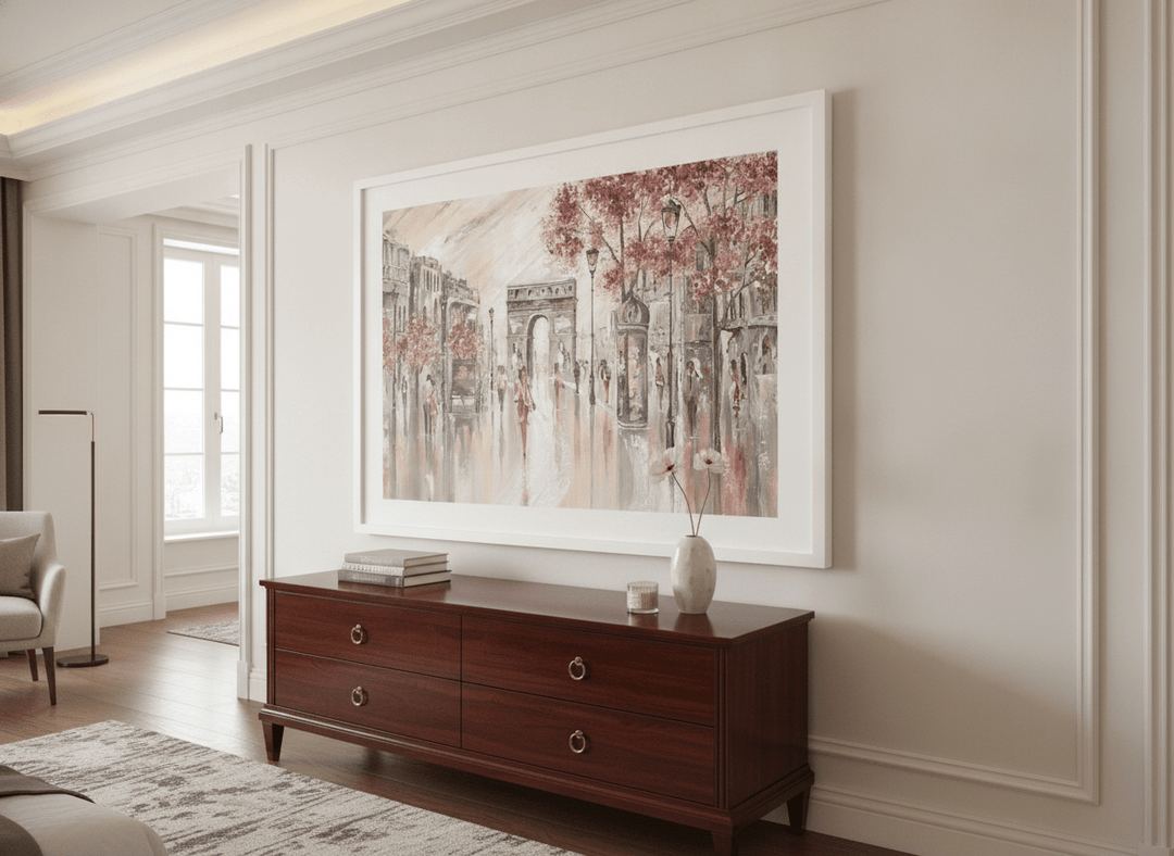 Monumental artwork centred on a feature wall in a luxe interior