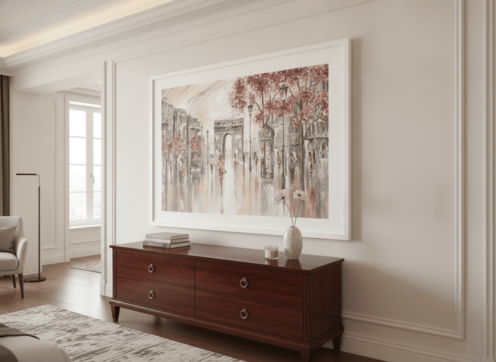 Monumental artwork centred on a feature wall in a luxe interior