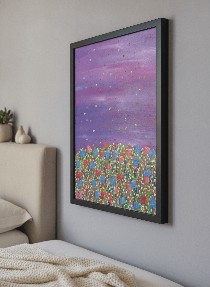 Minimalist artwork displayed in a calm, light-filled bedroom interior
