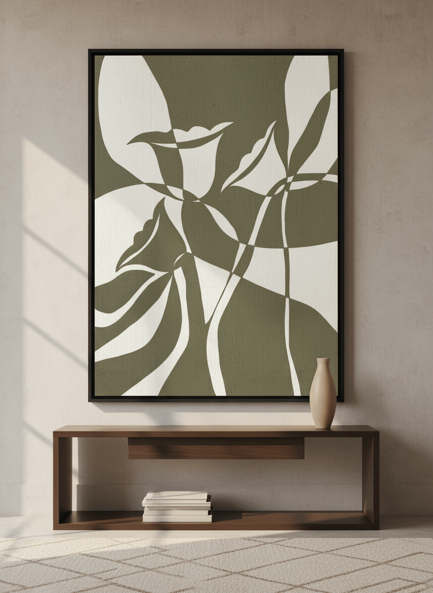 Monumental artwork centred on a feature wall in a luxe interior