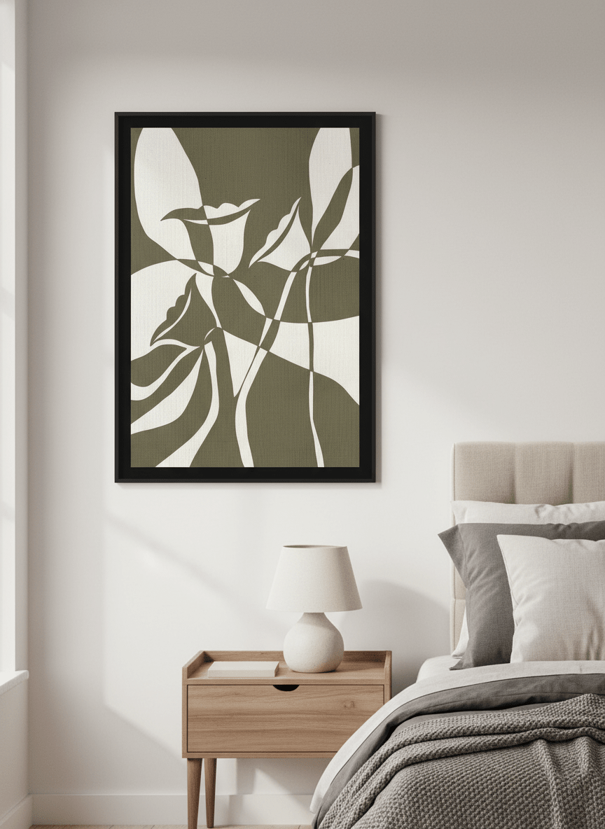 Minimalist artwork displayed in a calm, light-filled bedroom interior