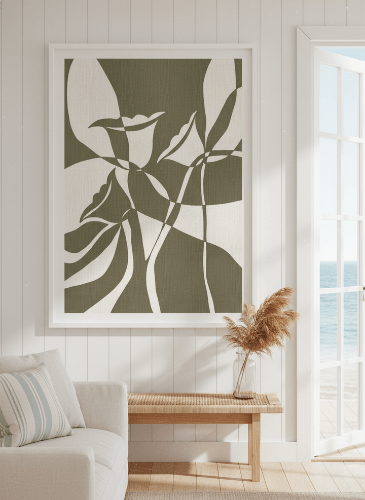 Neutral wall art displayed in a sunny coastal beach house