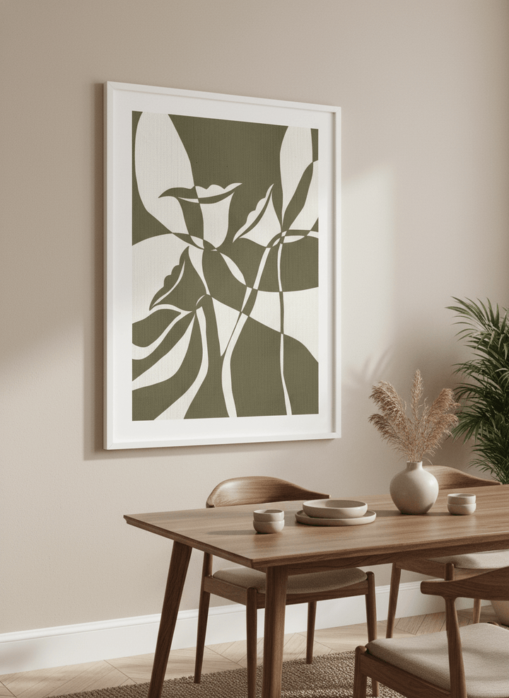 Wall art styled above a dining table in a contemporary home