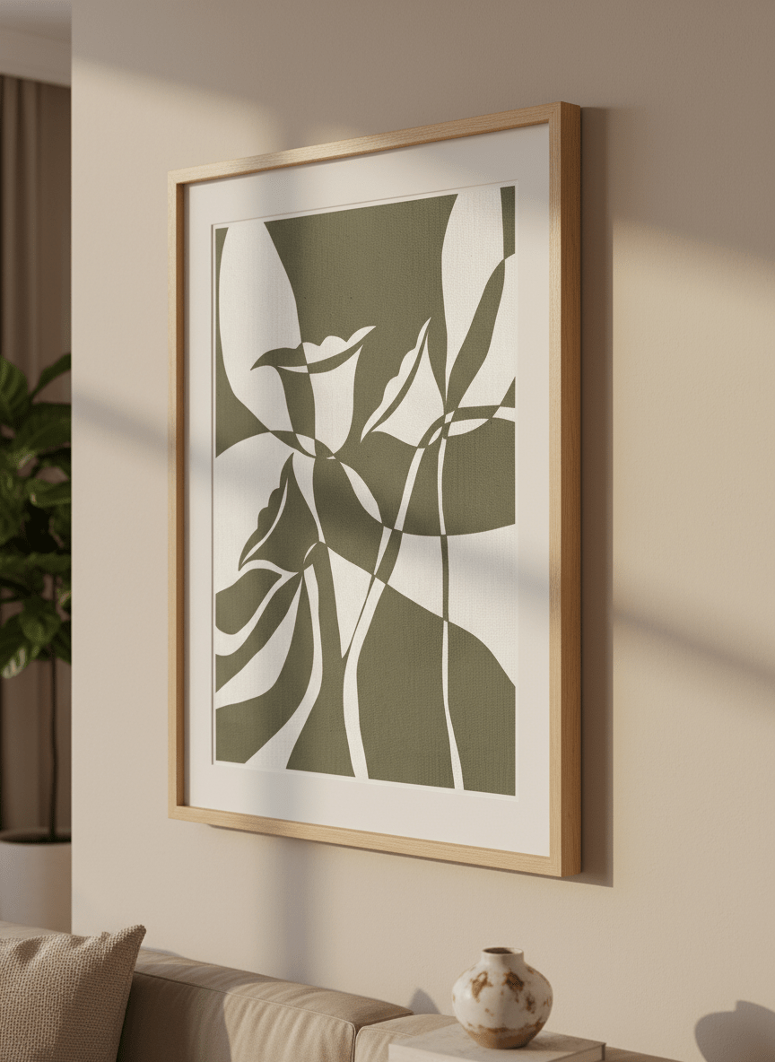 Modern wall art styled above a sofa in a neutral living room