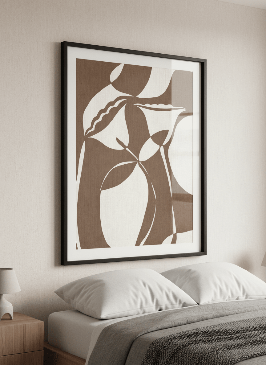 Minimalist artwork displayed in a calm, light-filled bedroom interior