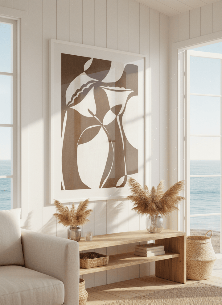 Neutral wall art displayed in a sunny coastal beach house