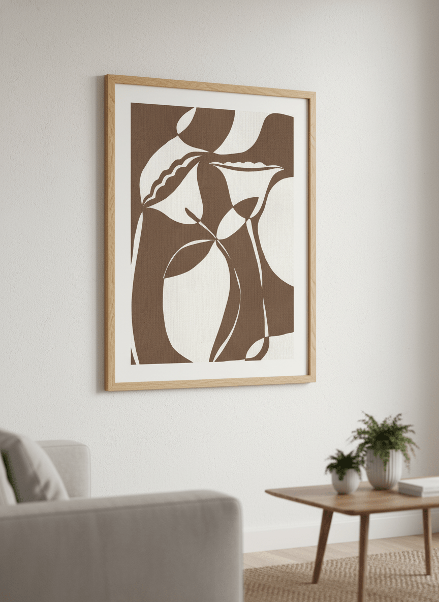 Modern wall art styled above a sofa in a neutral living room