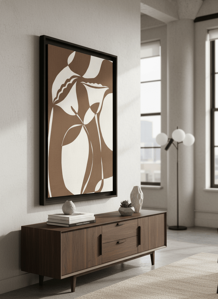 Monumental artwork centred on a feature wall in a luxe interior