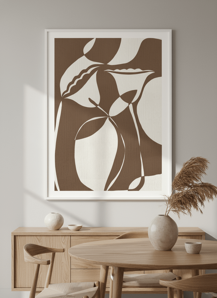 Wall art styled above a dining table in a contemporary home