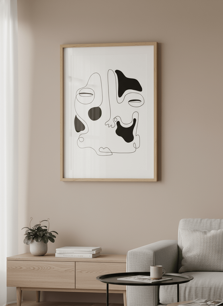 Modern wall art styled above a sofa in a neutral living room