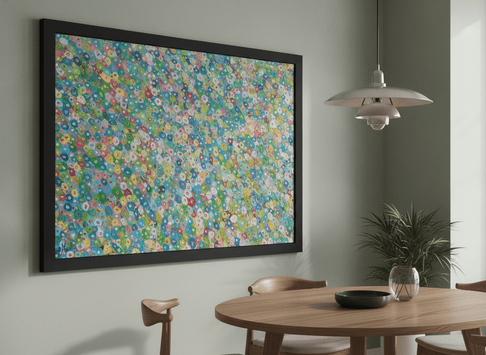 Wall art styled above a dining table in a contemporary home