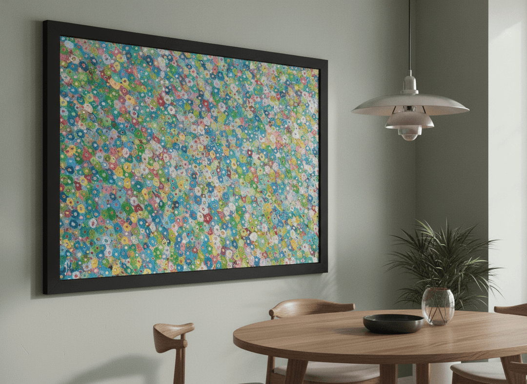 Wall art styled above a dining table in a contemporary home