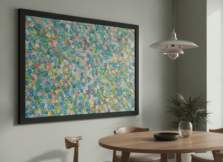 Wall art styled above a dining table in a contemporary home