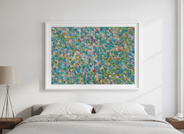 Minimalist artwork displayed in a calm, light-filled bedroom interior