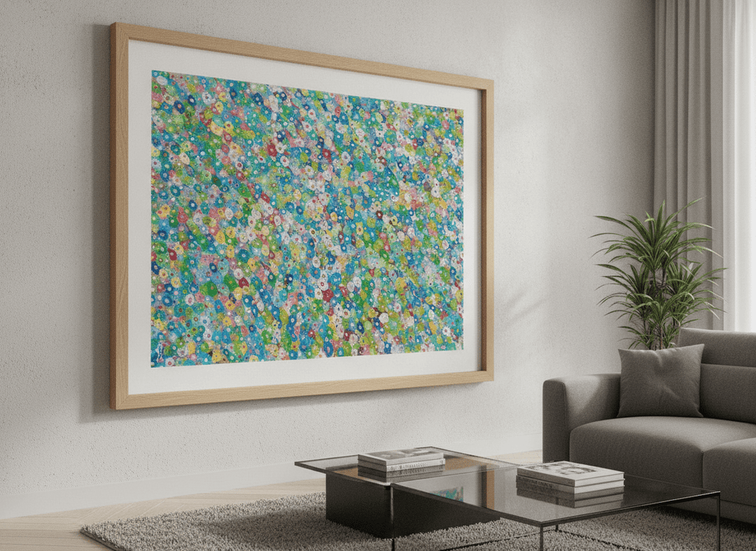 Modern wall art styled above a sofa in a neutral living room