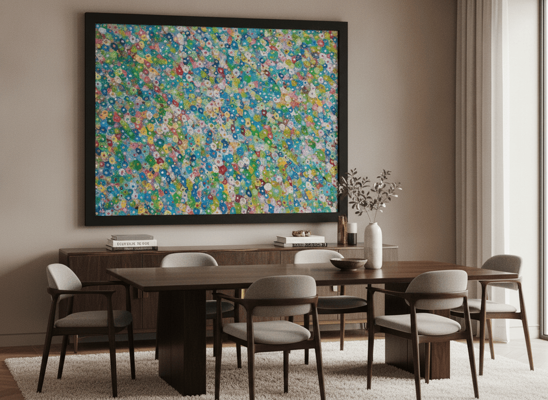 Monumental artwork centred on a feature wall in a luxe interior