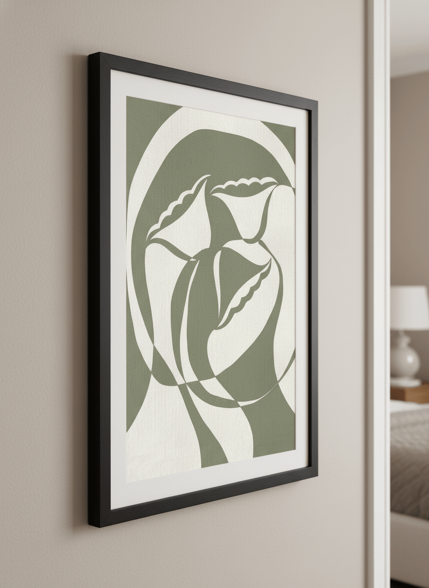 Minimalist artwork displayed in a calm, light-filled bedroom interior