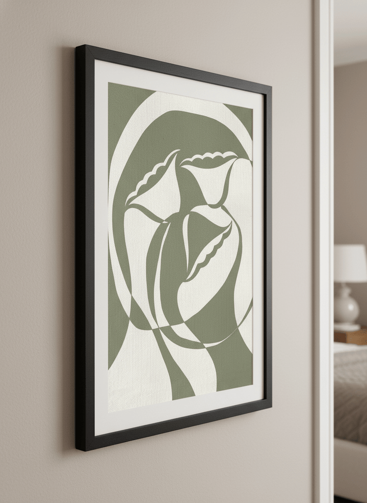 Minimalist artwork displayed in a calm, light-filled bedroom interior