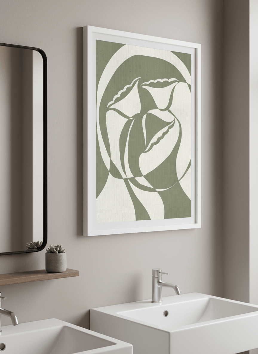 Modern print displayed in a clean minimalist bathroom setting