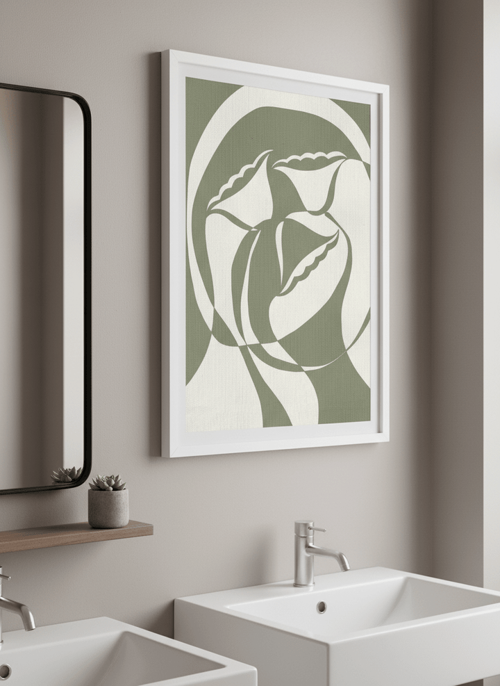 Modern print displayed in a clean minimalist bathroom setting