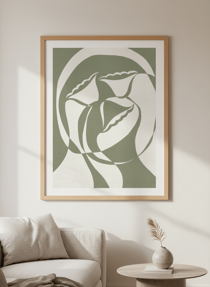 Modern wall art styled above a sofa in a neutral living room