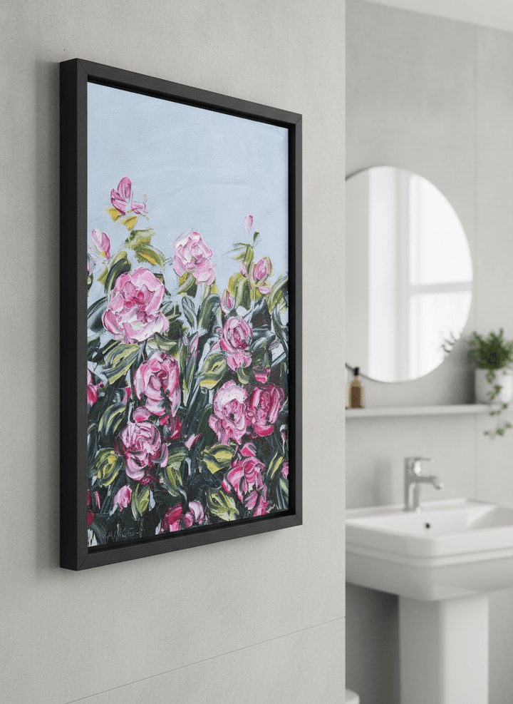 Modern print displayed in a clean minimalist bathroom setting