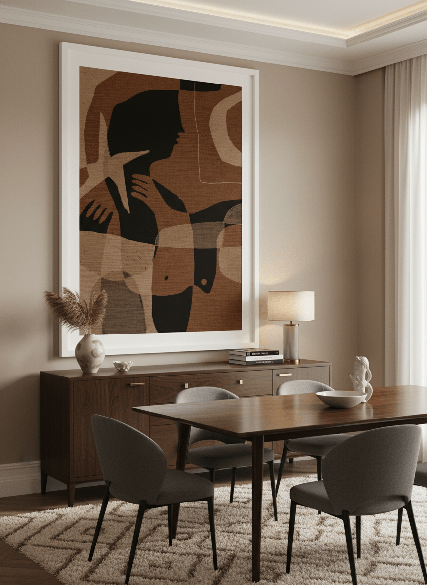 Monumental artwork centred on a feature wall in a luxe interior
