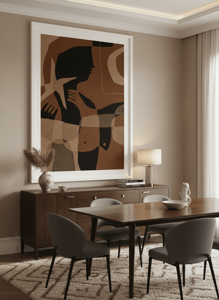 Monumental artwork centred on a feature wall in a luxe interior