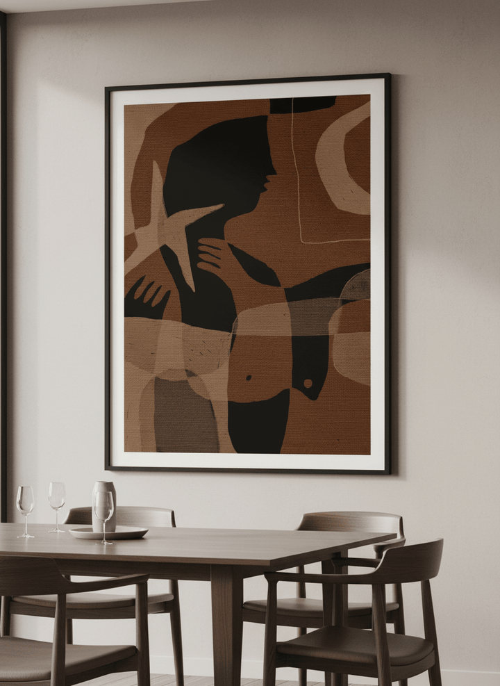 Wall art styled above a dining table in a contemporary home