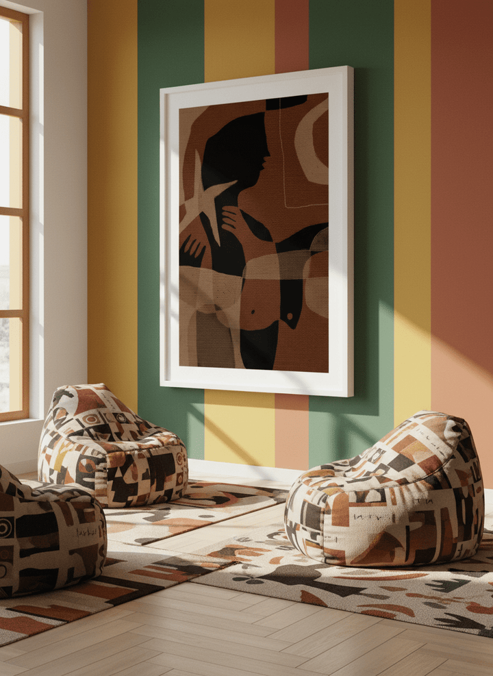 Bold wall art styled in a colourful, eclectic modern home