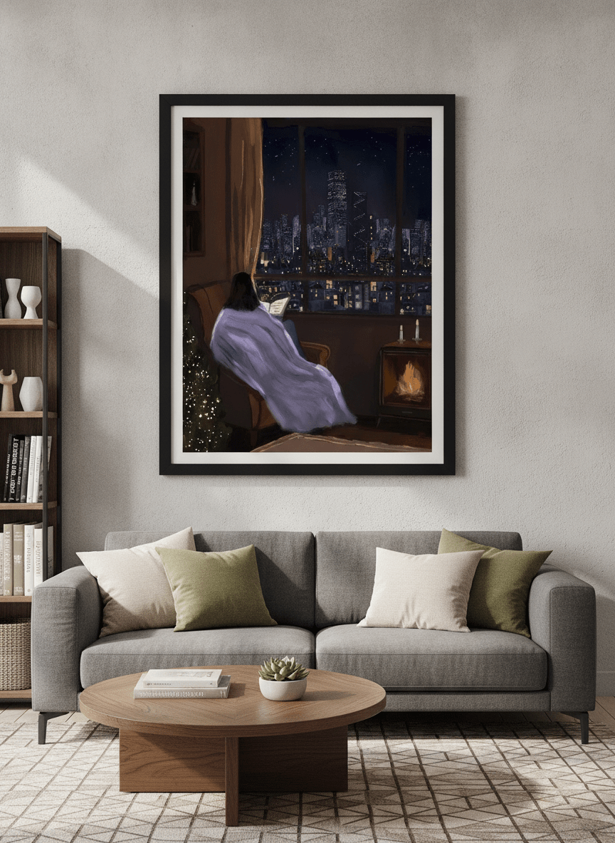 Modern wall art styled above a sofa in a neutral living room