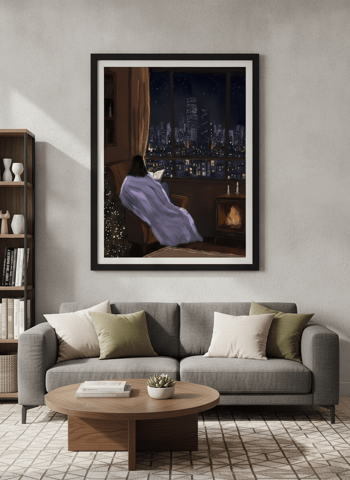 Modern wall art styled above a sofa in a neutral living room