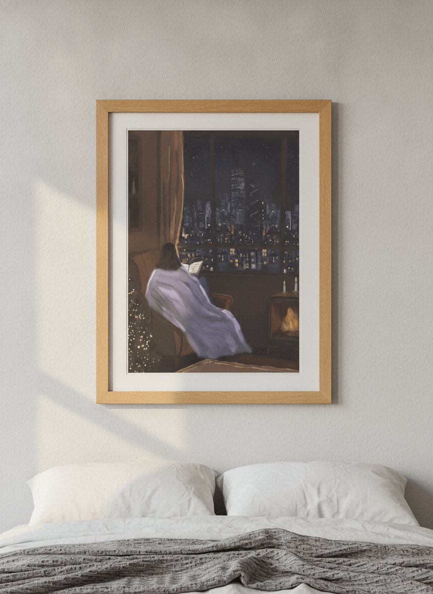 Minimalist artwork displayed in a calm, light-filled bedroom interior