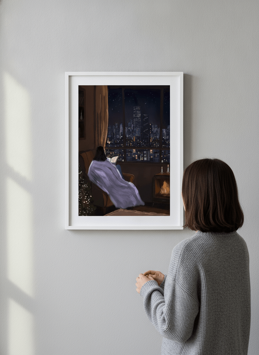 Person showcasing the artwork against a clean modern interior wall