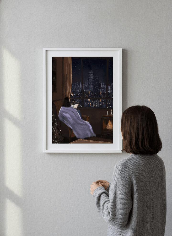 Person showcasing the artwork against a clean modern interior wall