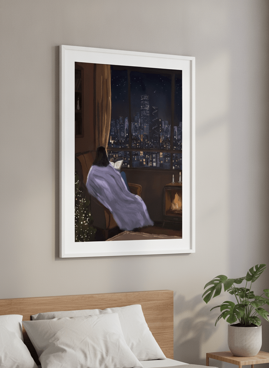 Minimalist artwork displayed in a calm, light-filled bedroom interior