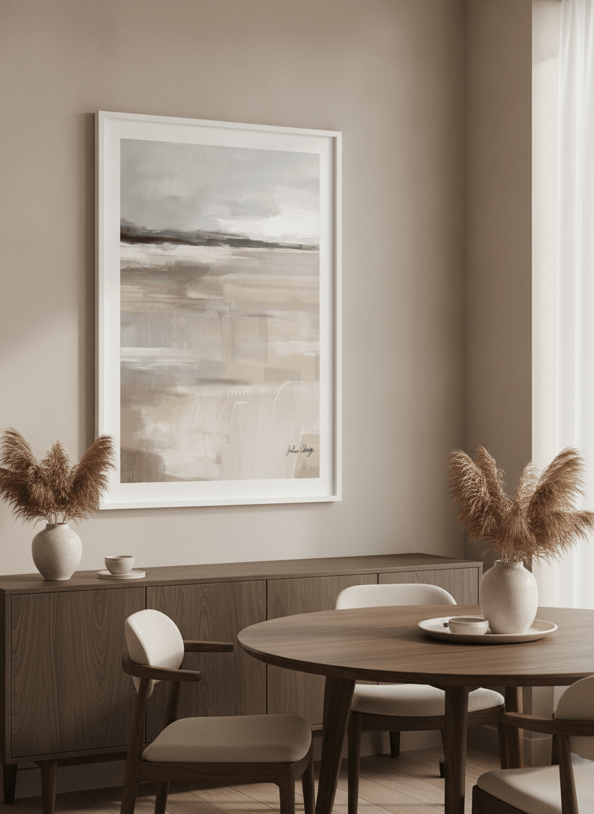 Wall art styled above a dining table in a contemporary home
