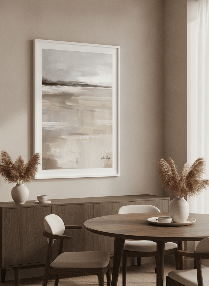 Wall art styled above a dining table in a contemporary home